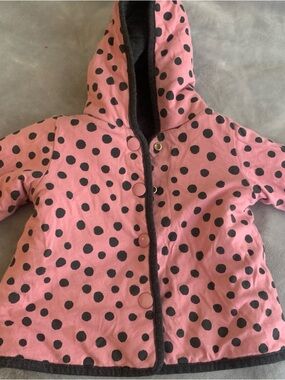 6-9 months Pink Polka Dot Hooded Jacket reversible quilted gray (see measuremt